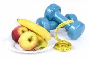  alma, banán, banán, szabásmérték és súlyzók